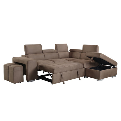 Kavi Fabric Sleeper Sectional Sofa w/2 Pullout Stools - Brown