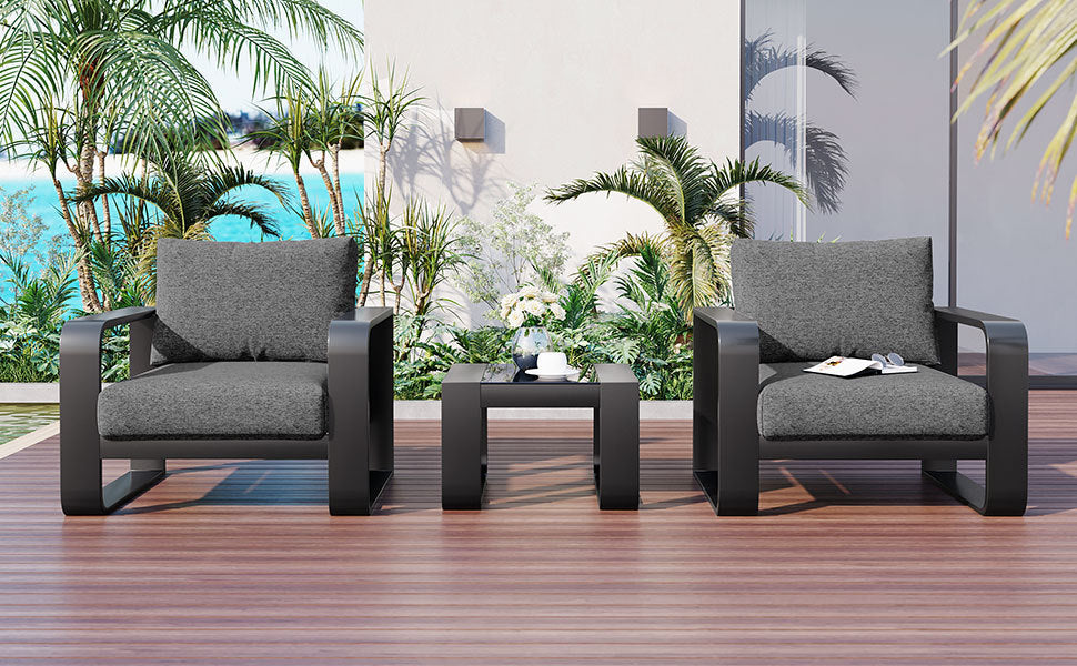 Abel 3 Pc Aluminum Frame Patio Sofa Set - Black+Gray