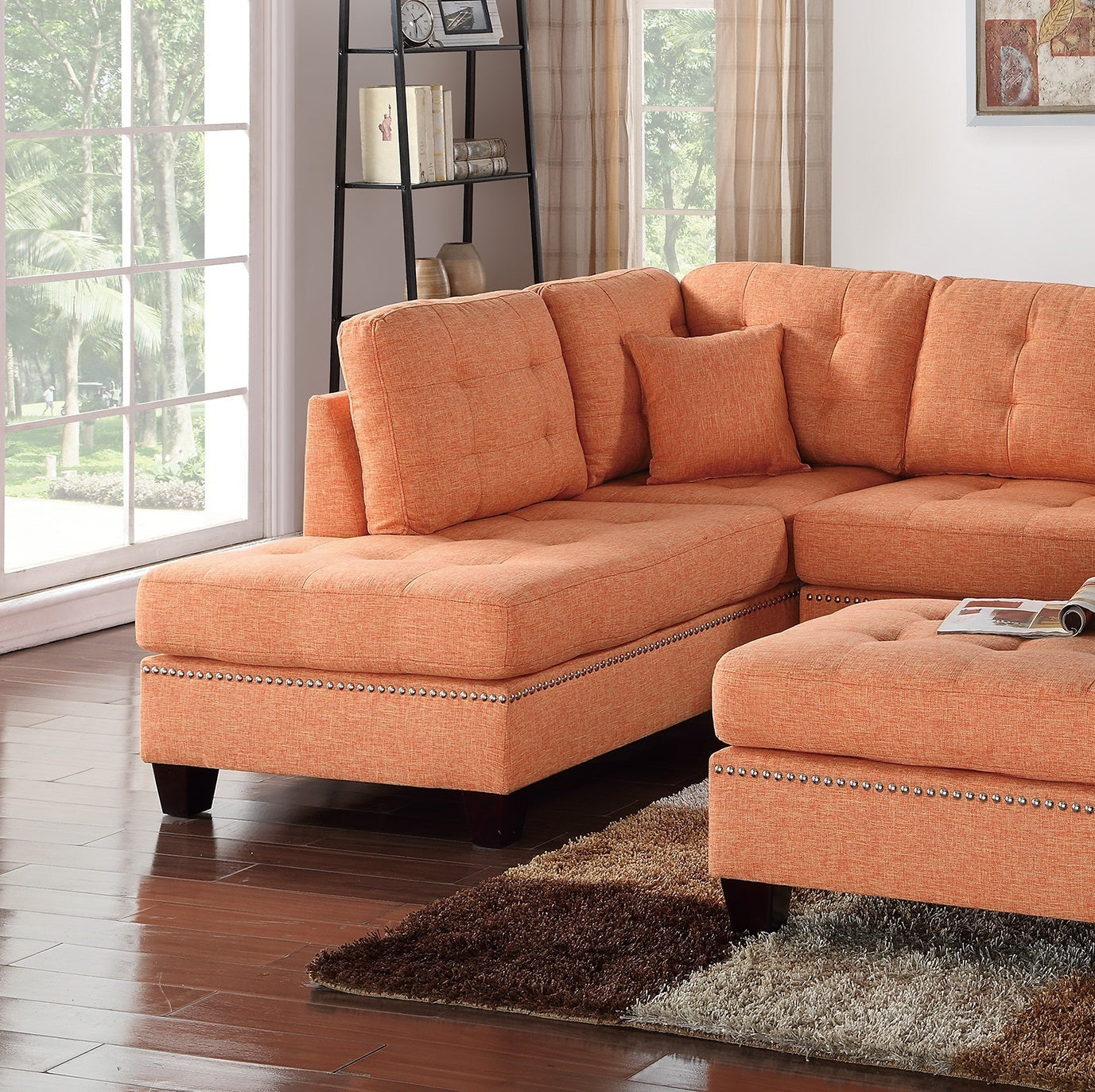 Amara 3pcs Sectional Reversible Chaise Sofa And Ottoman - Orange