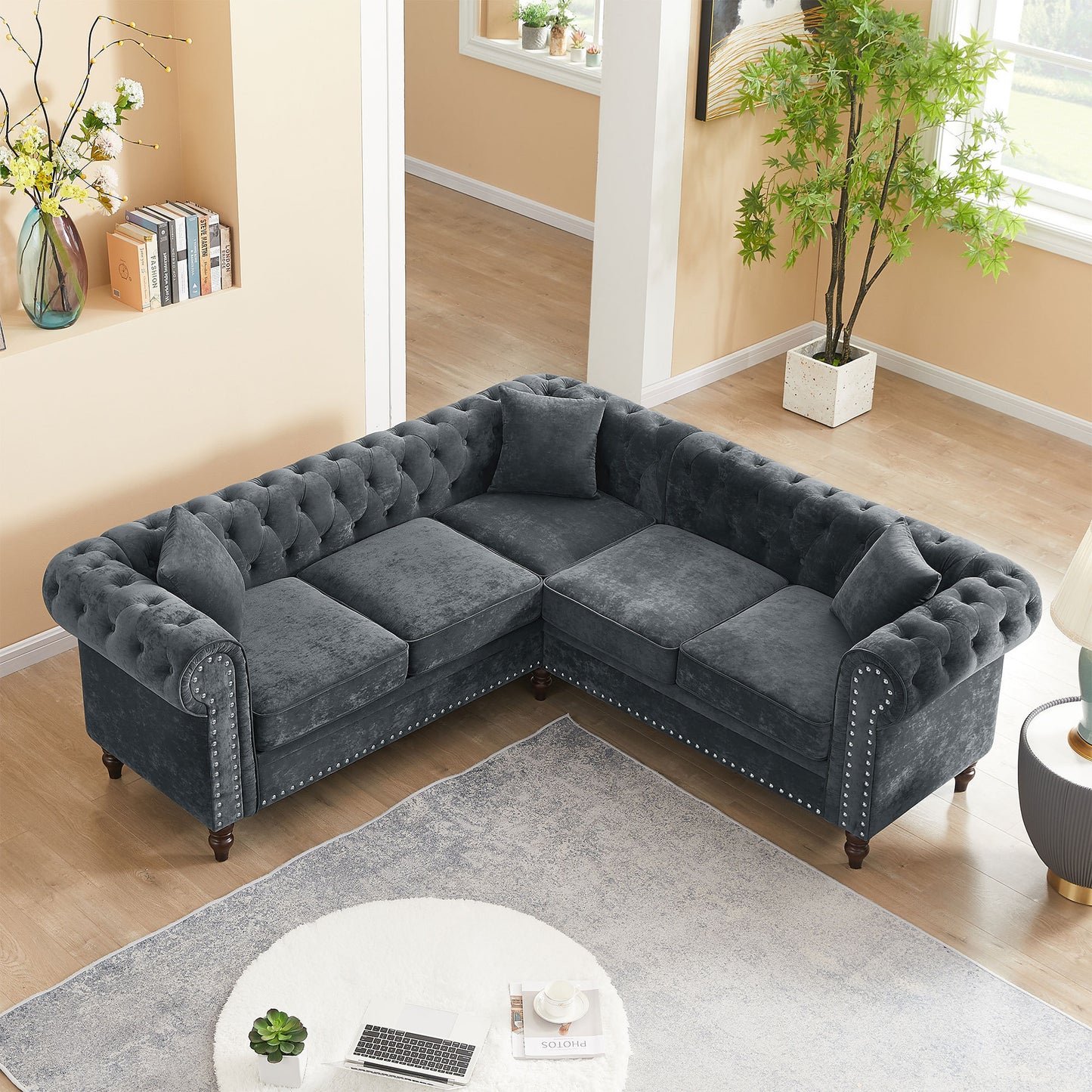 Nest Velvet Button Tufted L-shaped Sofa - Gray