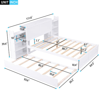 JR Queen Size Platform Bed w Pull Out Twin XL Size Trundle - White