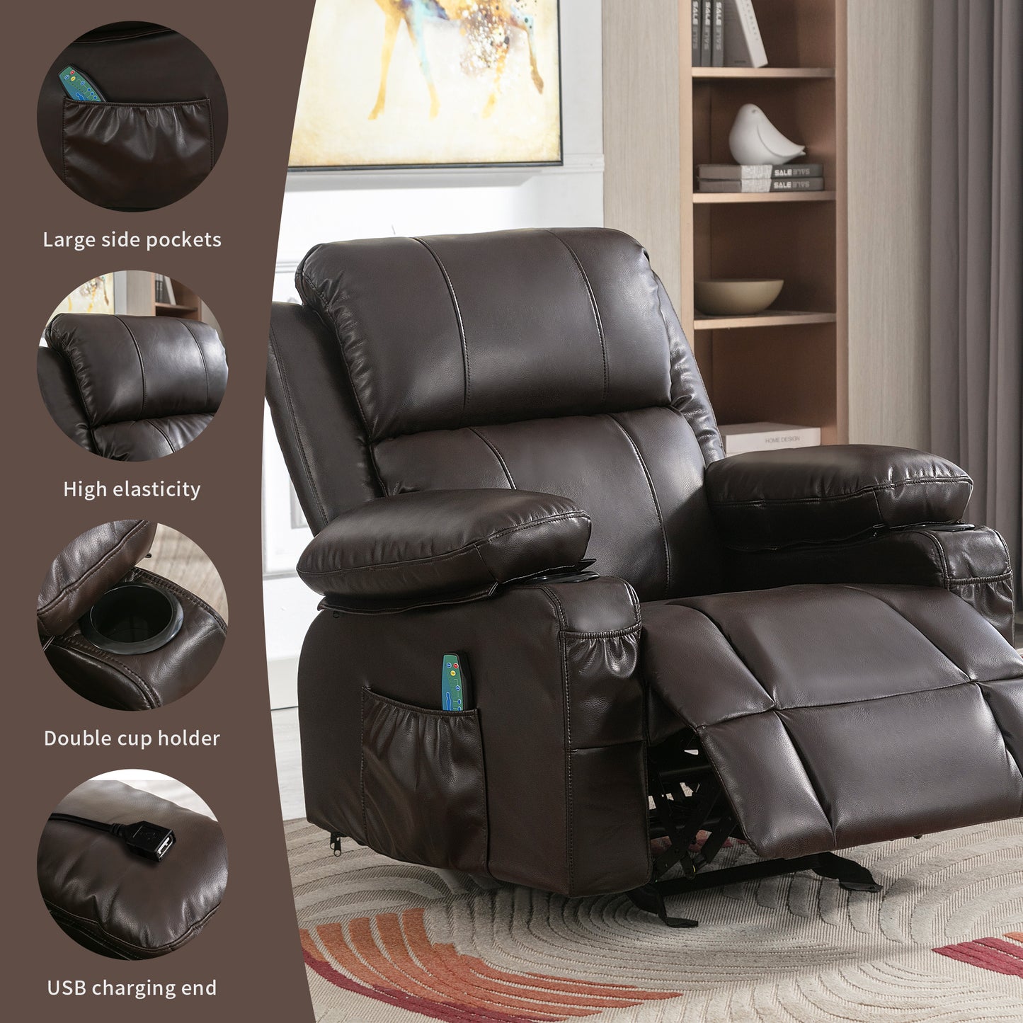 Marta Power Recliner with Massage and Heat - Brown