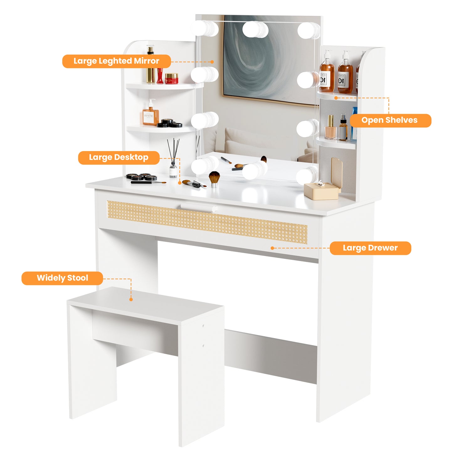 Brooks II Vanity Desk Set With LED Lighting Mirror - White