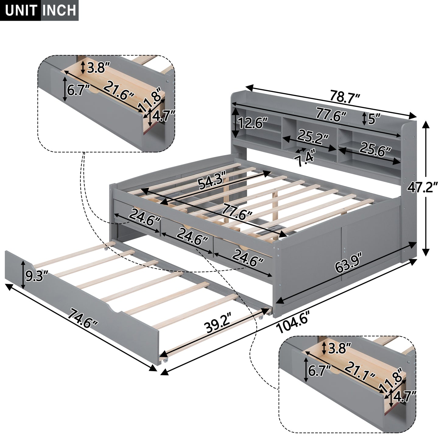 Gini Full Size Daybed with Trundle and Storage - Light Gray