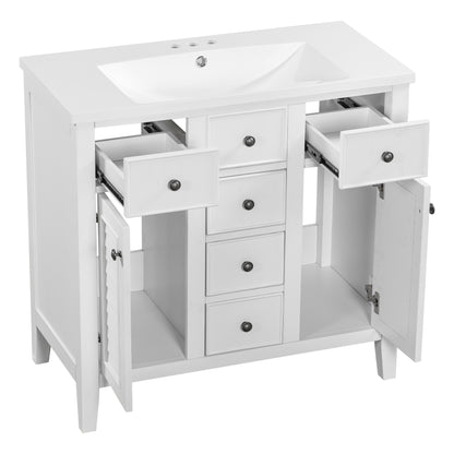 Bathroom Vanity with Ceramic Basin, Two Cabinets and Five Drawers - White