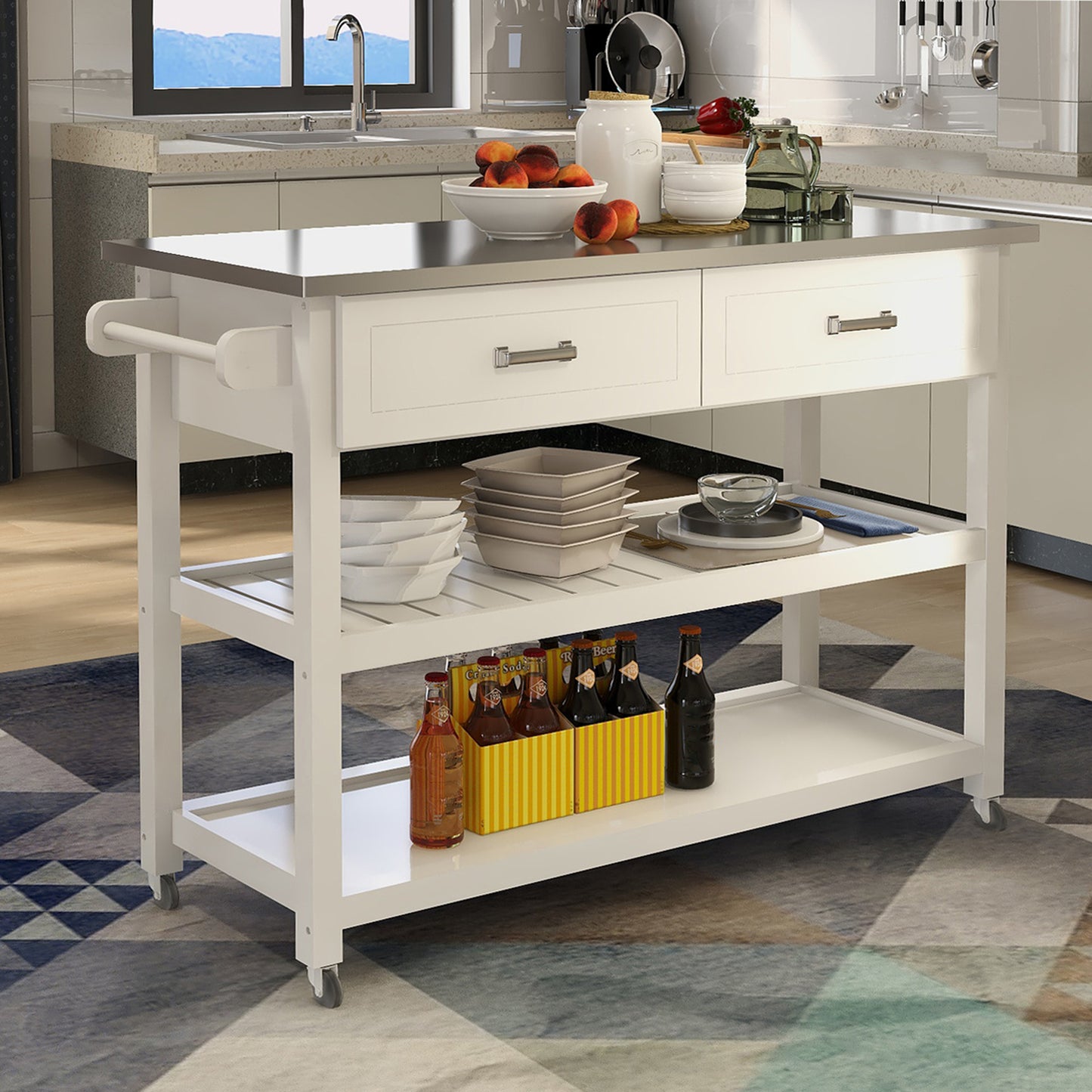 Chef's Choice Stainless Steel Table Top White Kicthen Cart With Two Drawers