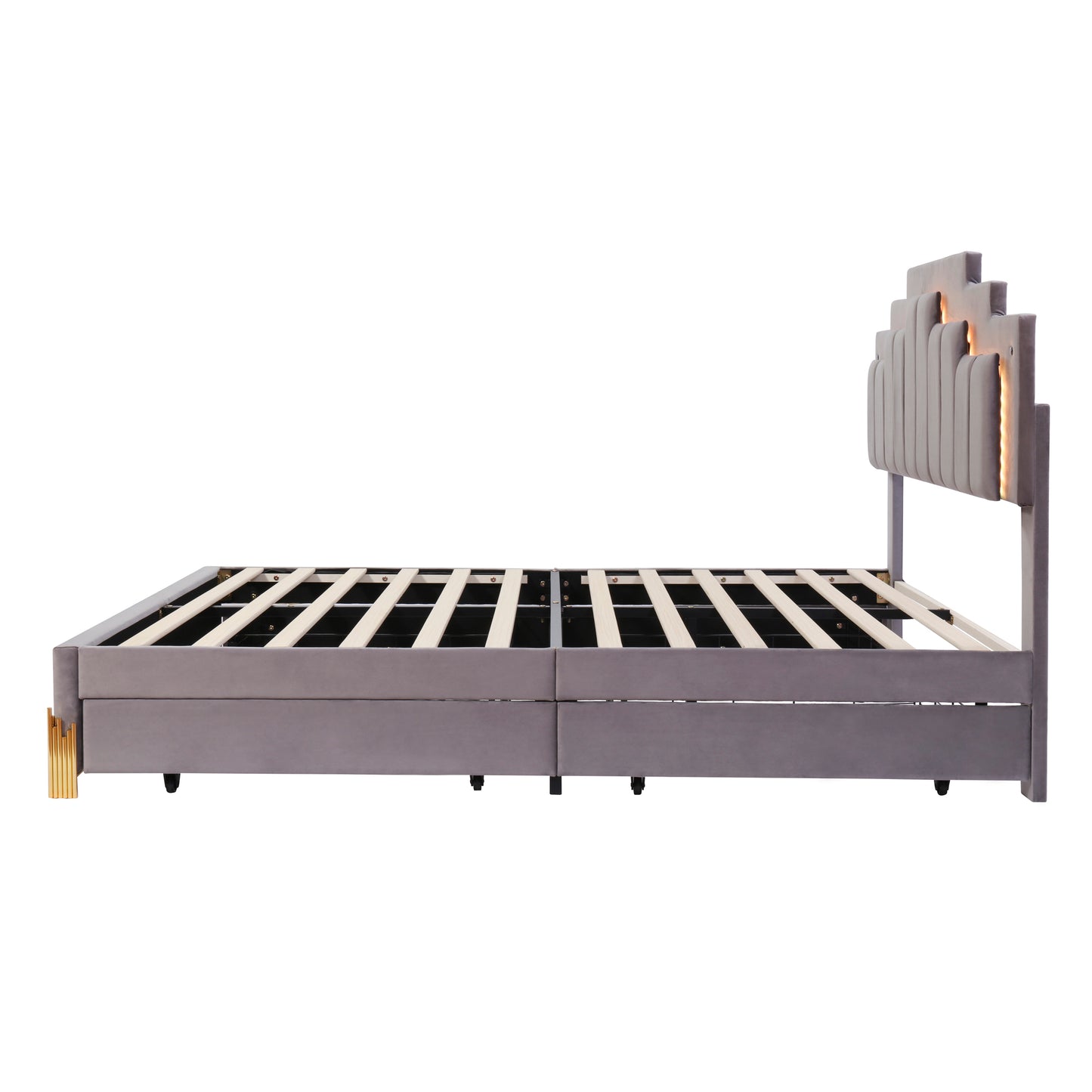 Neco Queen Size Platform Bed with LED and 4 Drawers - Gray