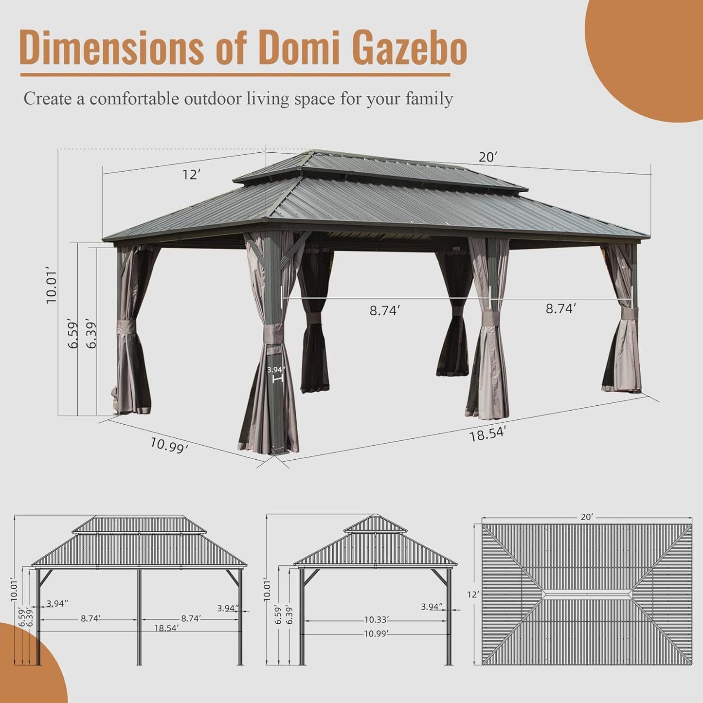 Genesis 12 X 20 ft Hardtop Gazebo - Gray