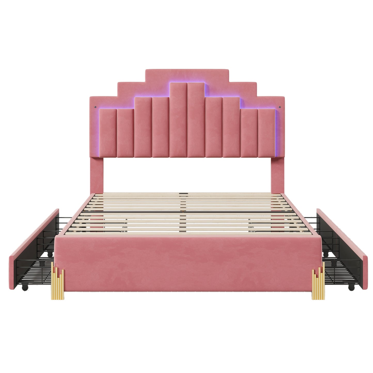 Neco Full Size Platform Bed with LED and 4 Drawers - Pink