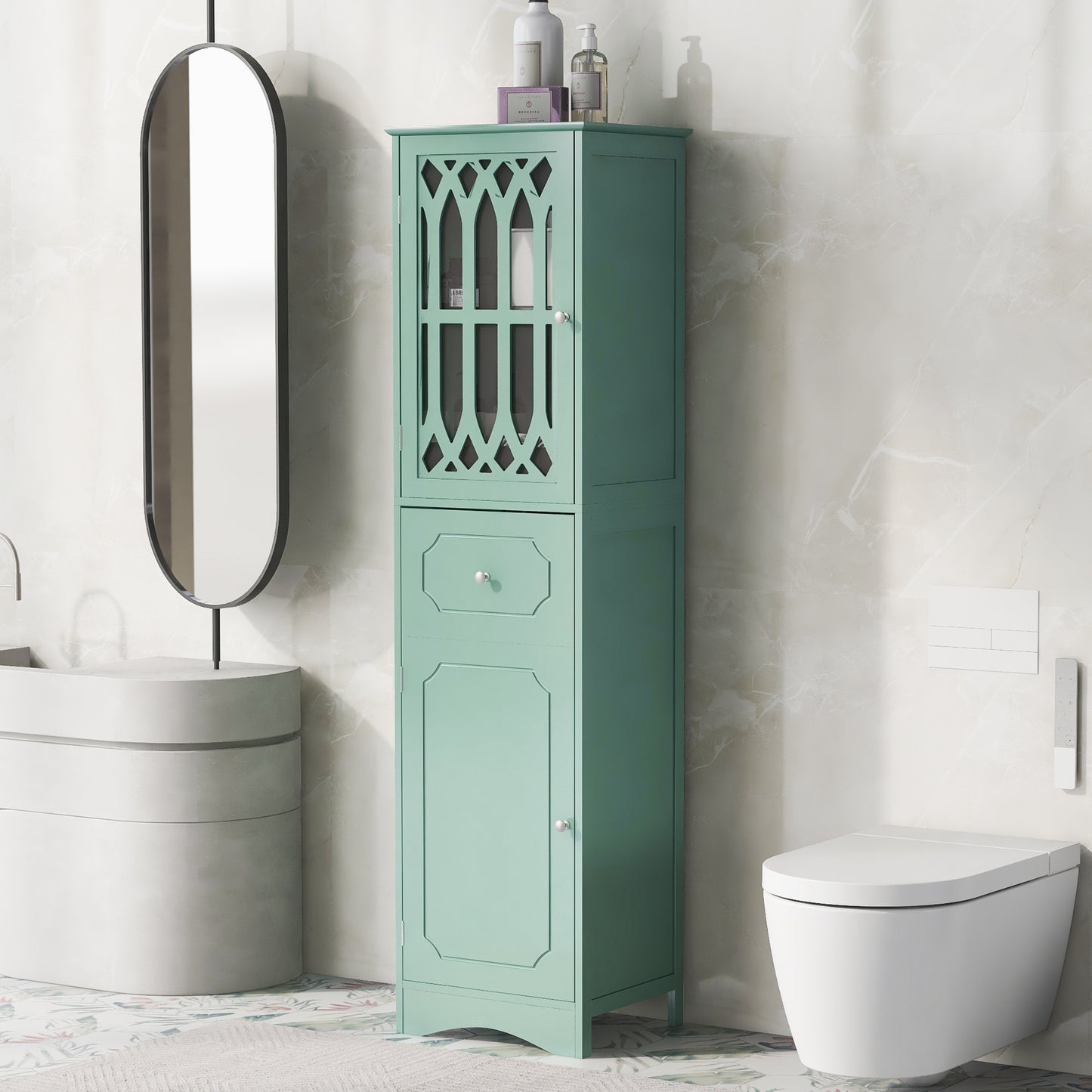 Statured Bathroom Cabinet with Drawer and Doors - Green