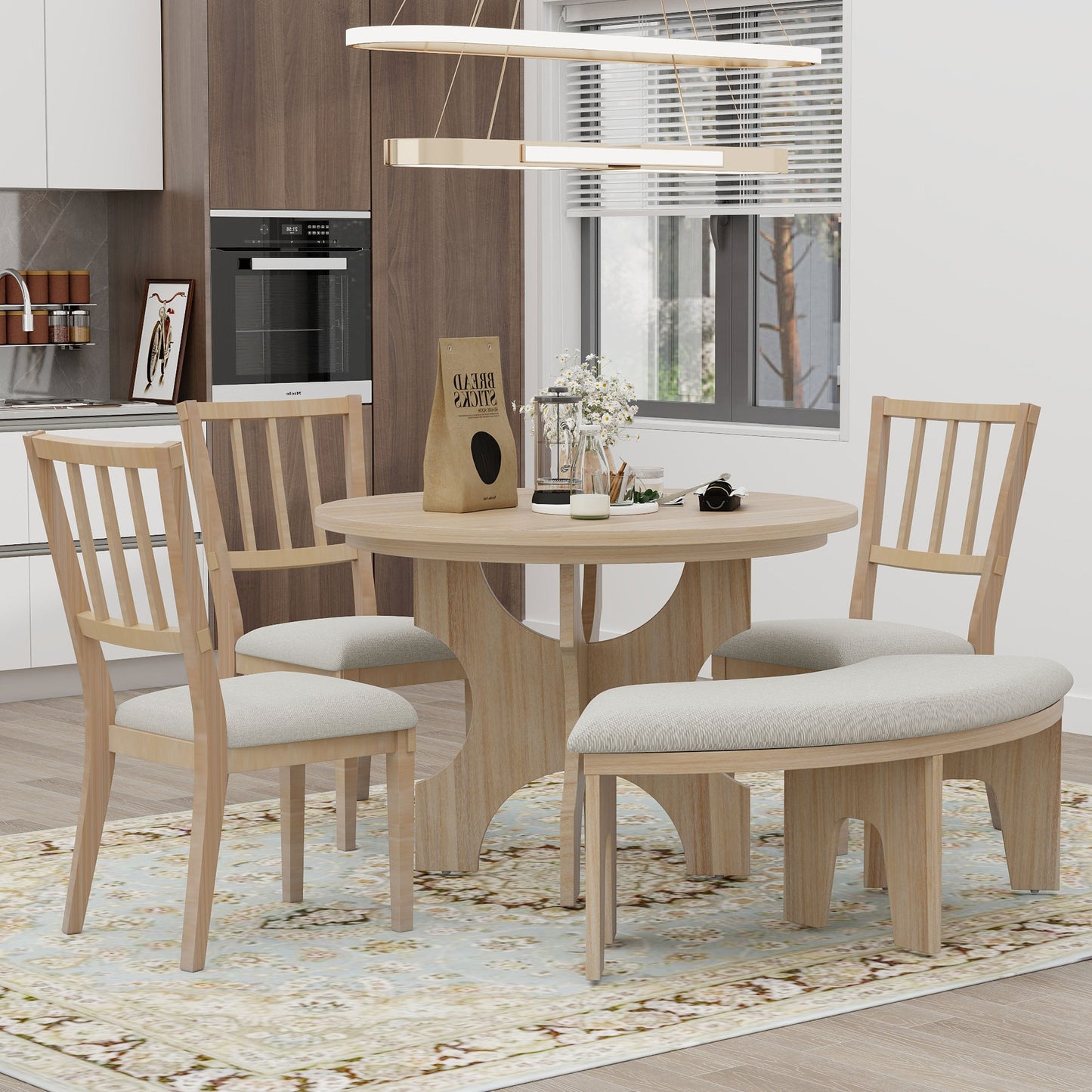 Todd 5pc Dining Set Round Table 4x Side Chairs - Natural