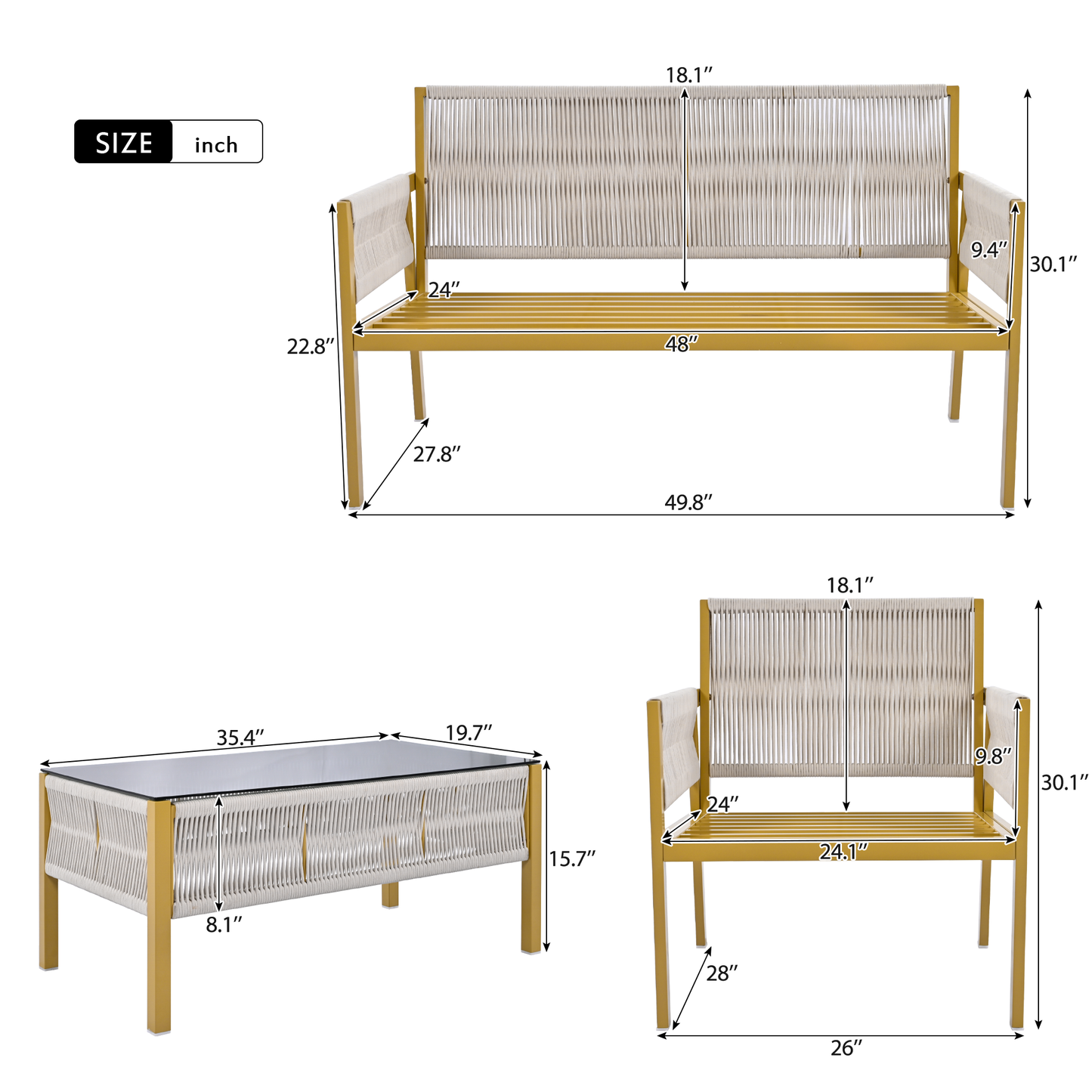 Mixon 4 Pc Patio Rope Sofa Set - Beige+Yellow