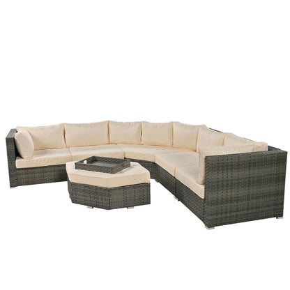 Keva 6 Pc Outdoor Rattan Wicker Half-Moon Sectional Sofa Set - Beige