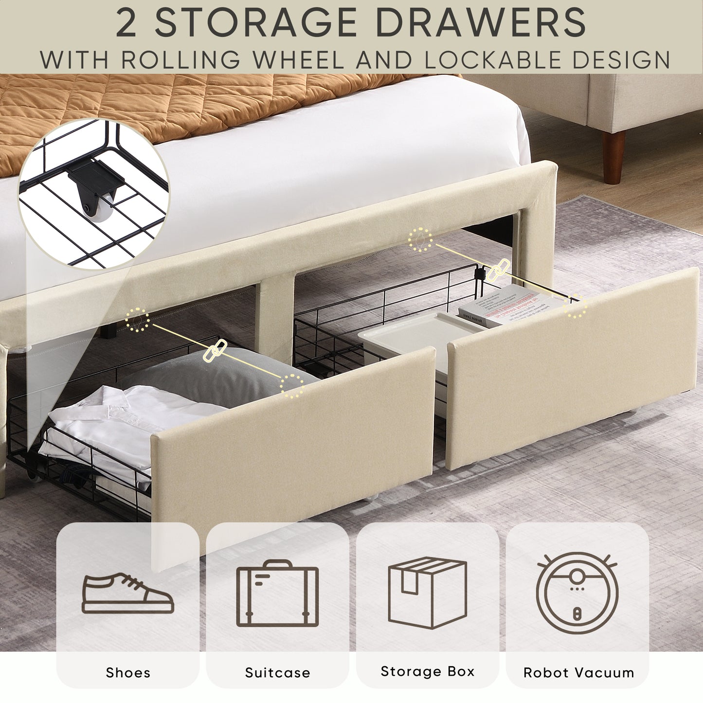 Craven Queen Size Bed Frame with 2 Storage Drawers - Beige