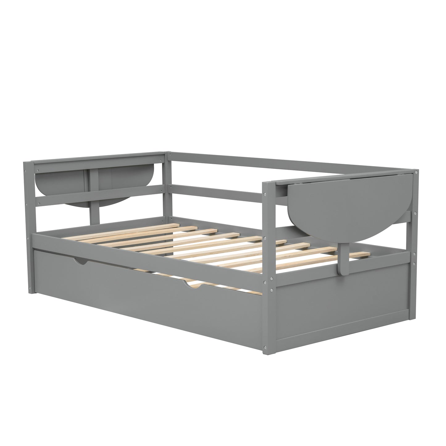 Tumo Twin Size Daybed with Trundle and Foldable Shelves - Gray