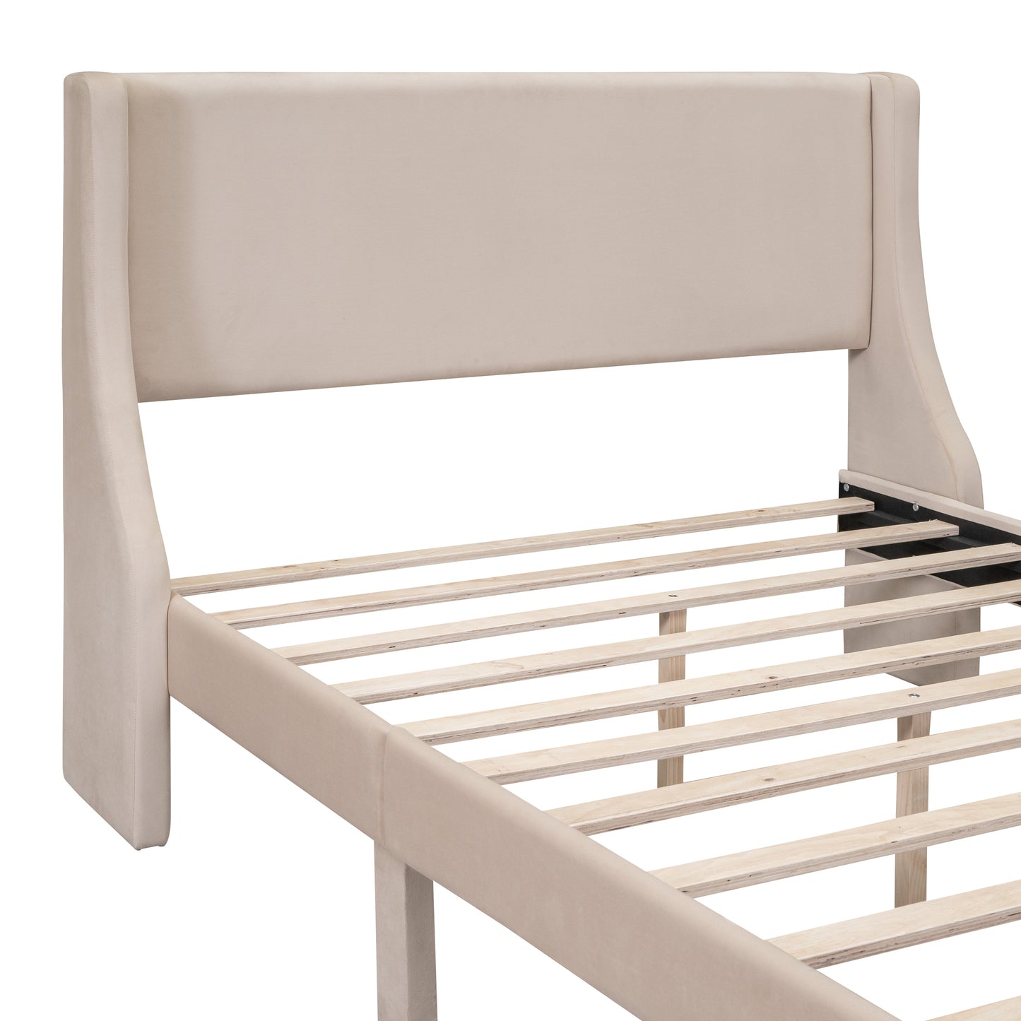 Renni Full Size Velvet Platform Bed Frame with Drawer - Beige