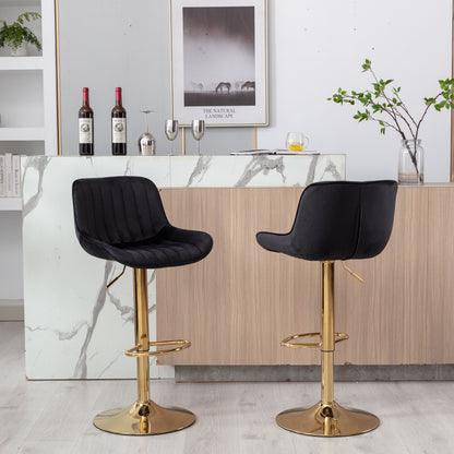 Stramline Adjustable Velvet + Golden Leg Bar Stool - Black Set of 2