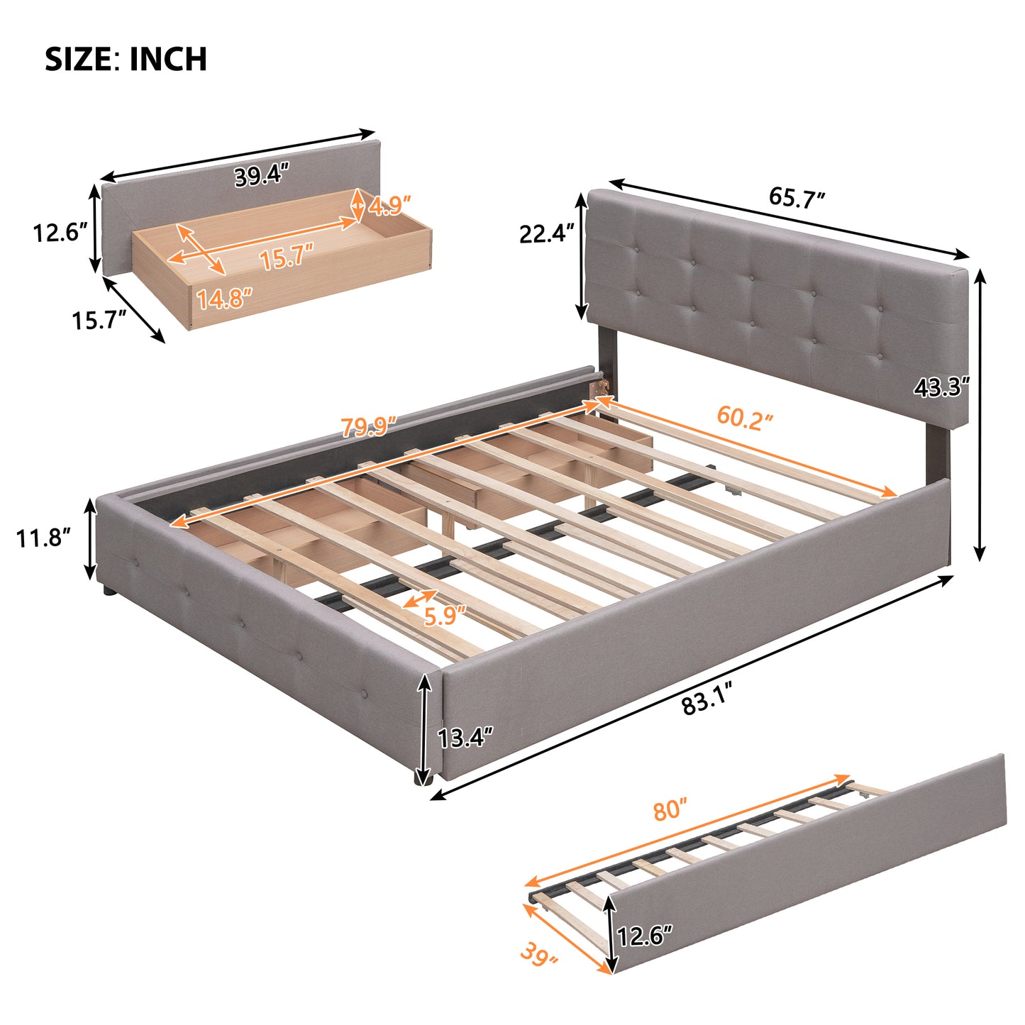 Draco Queen Size Platform Bed with 2 Drawers - Light Gray