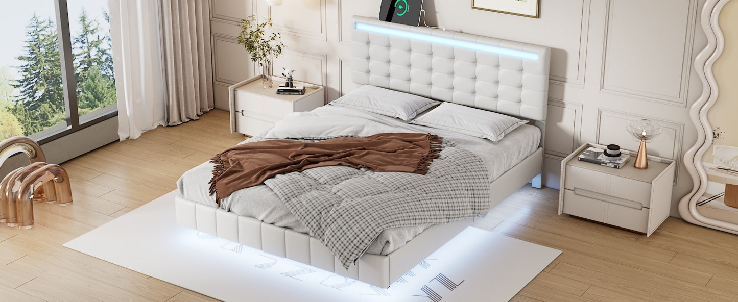 Marc Full Size Floating Bed Frame with LED - White