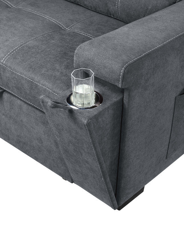 Toby Woven Fabric Reversible Sleeper Sectional Sofa with Storage Chaise Cup Holder USB Ports and Pockets - Gray