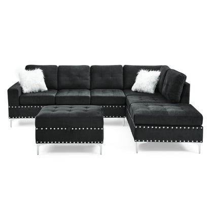 Hana 3-Seaters Sofa with Reversible Chaise with Storage Ottoman -Black