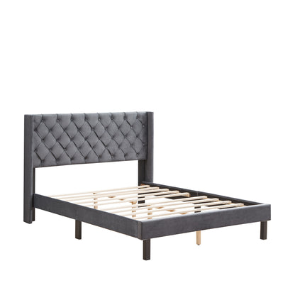 Hena Queen Size Platform Velvet Button Tufted Bed Frame - Gray