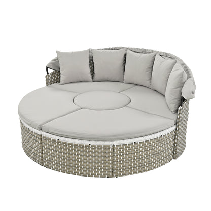 Malena 5 Pc Round Rattan Sectional Sofa Set with Retractable Canopy - Gray