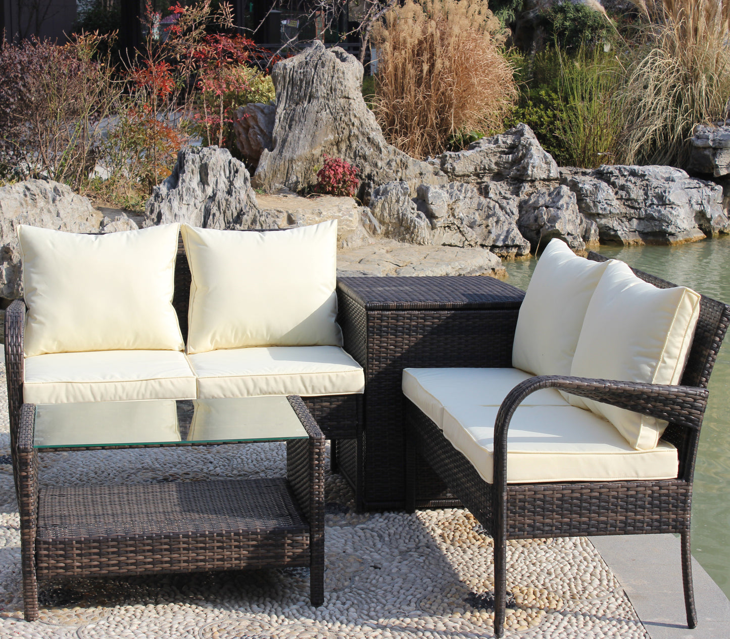 Berna 4 Pc Outdoor Patio Wicker Ratten Sofa Set - Brown