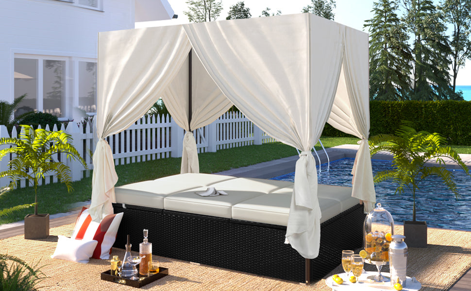 Amina Outdoor Patio Wicker Sunbed Daybed with Cushions - Beige