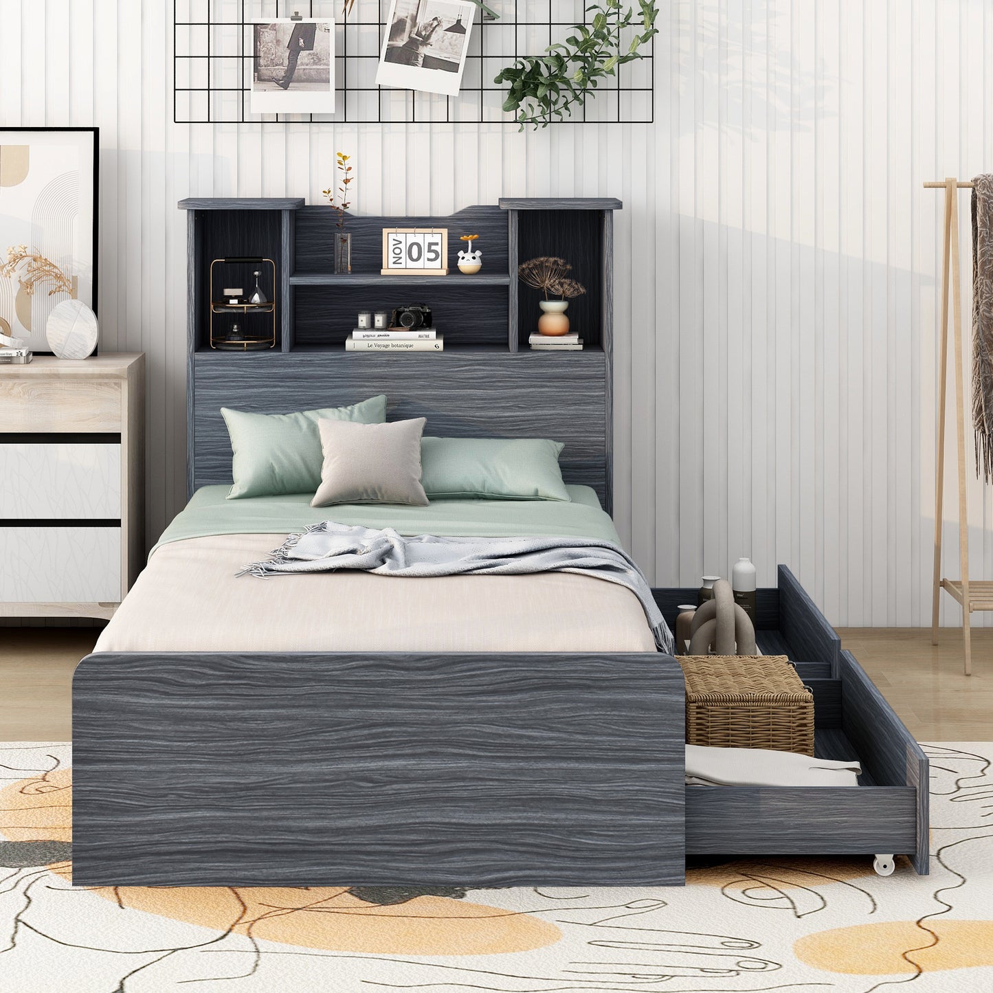 Taz Twin Size Platform Bed Frame with 4 Open Storage Shelves - Gray