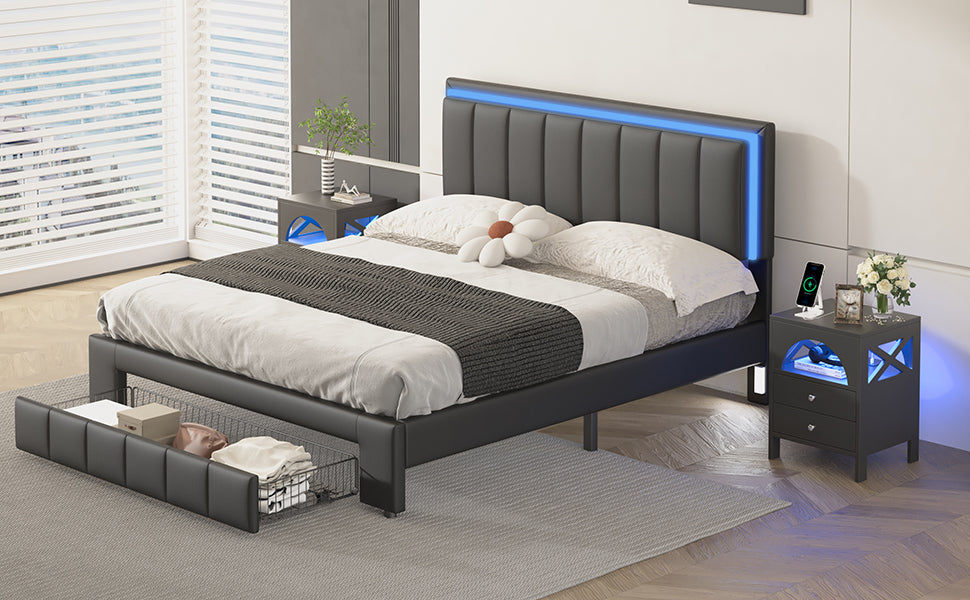 Nex Queen Size Platform Bed w Motion Activated Night Lights - Black