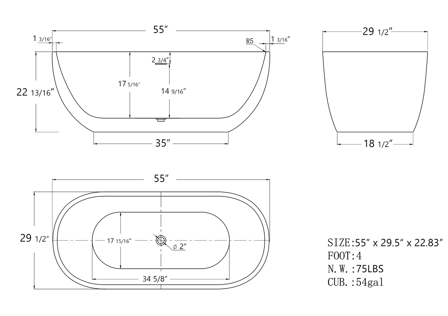 Hana 55" Oval Shape  Acrylic Freestanding  Soaking Bathtub - Matte White