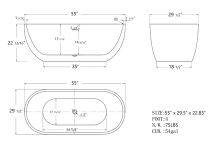 Hana 55" Oval Shape  Acrylic Freestanding  Soaking Bathtub - Matte White