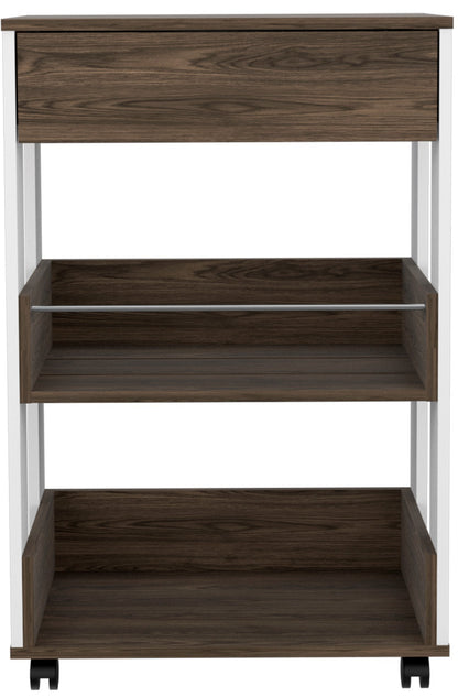 Verona Kitchen Cart Three Shelves, Four Casters - White + Dark Walnut