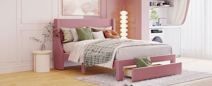 Renni Queen Size Velvet Platform Bed Frame with Drawer - Pink