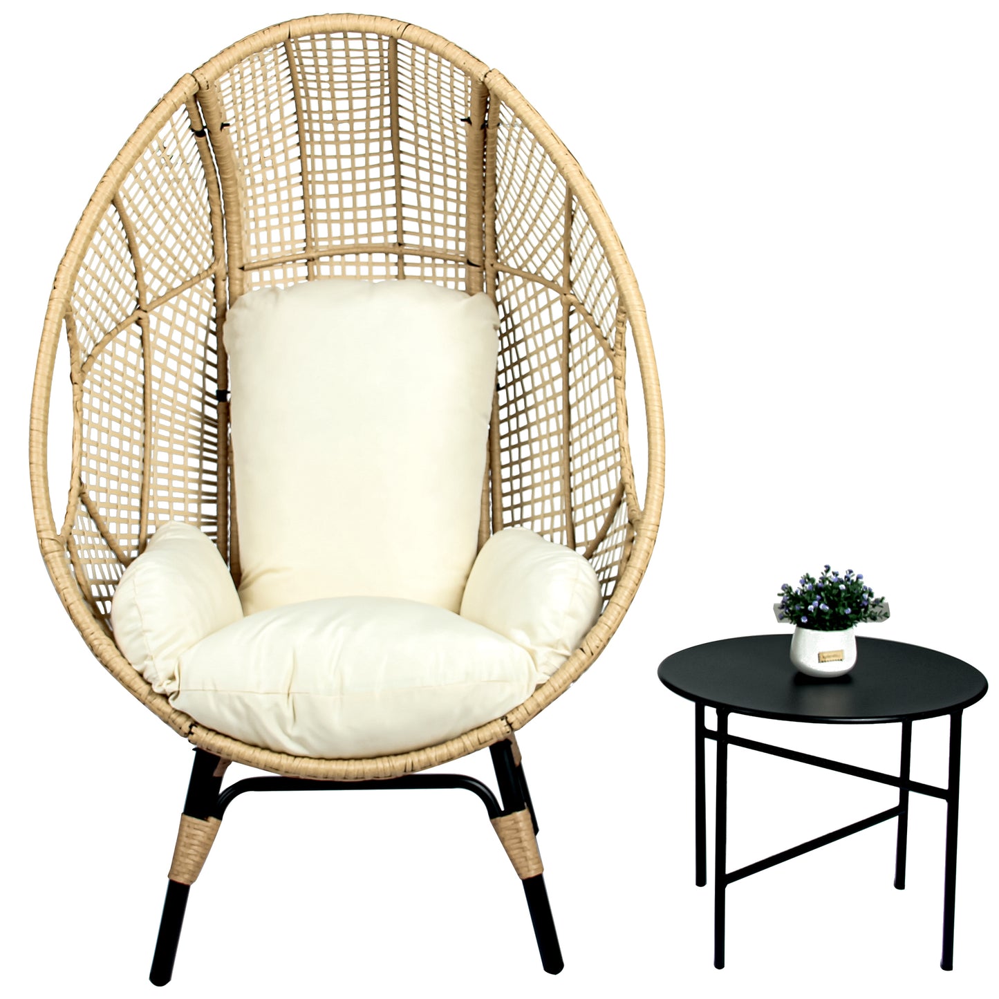 Lorean Patio PE Wicker Egg Chair and Side Table Model 4 - Natural Rattan Beige Cushion