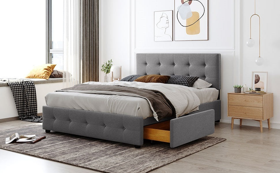 Draco Queen Size Platform Bed with 4 Drawers - Light Gray