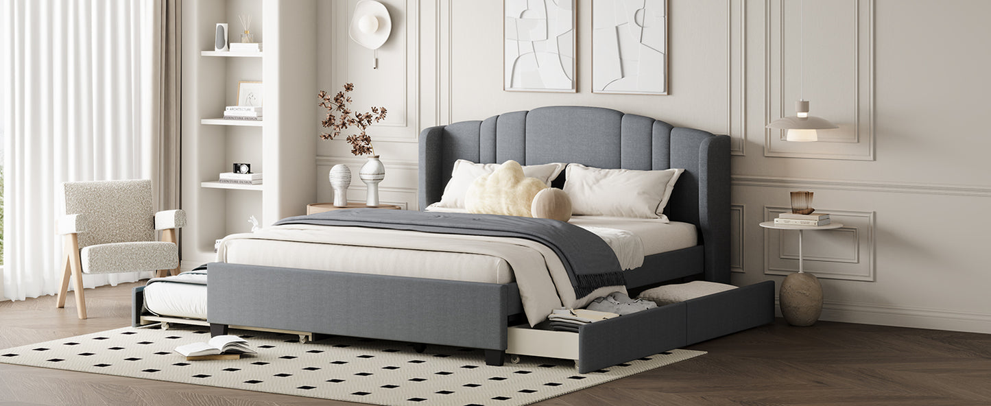 Mali Queen Size Platform Bed with Wingback Headboard - Gray