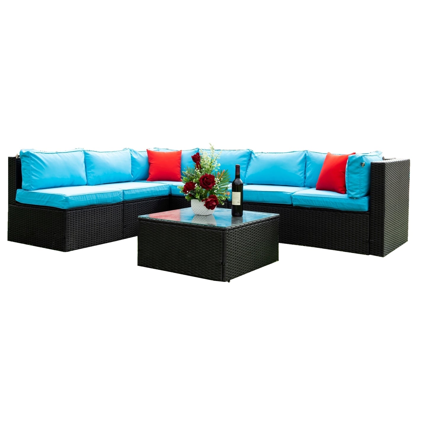 Russo 5 Pc Outdoor Patio Rattan Sectional Sofa Set - Black+Blue