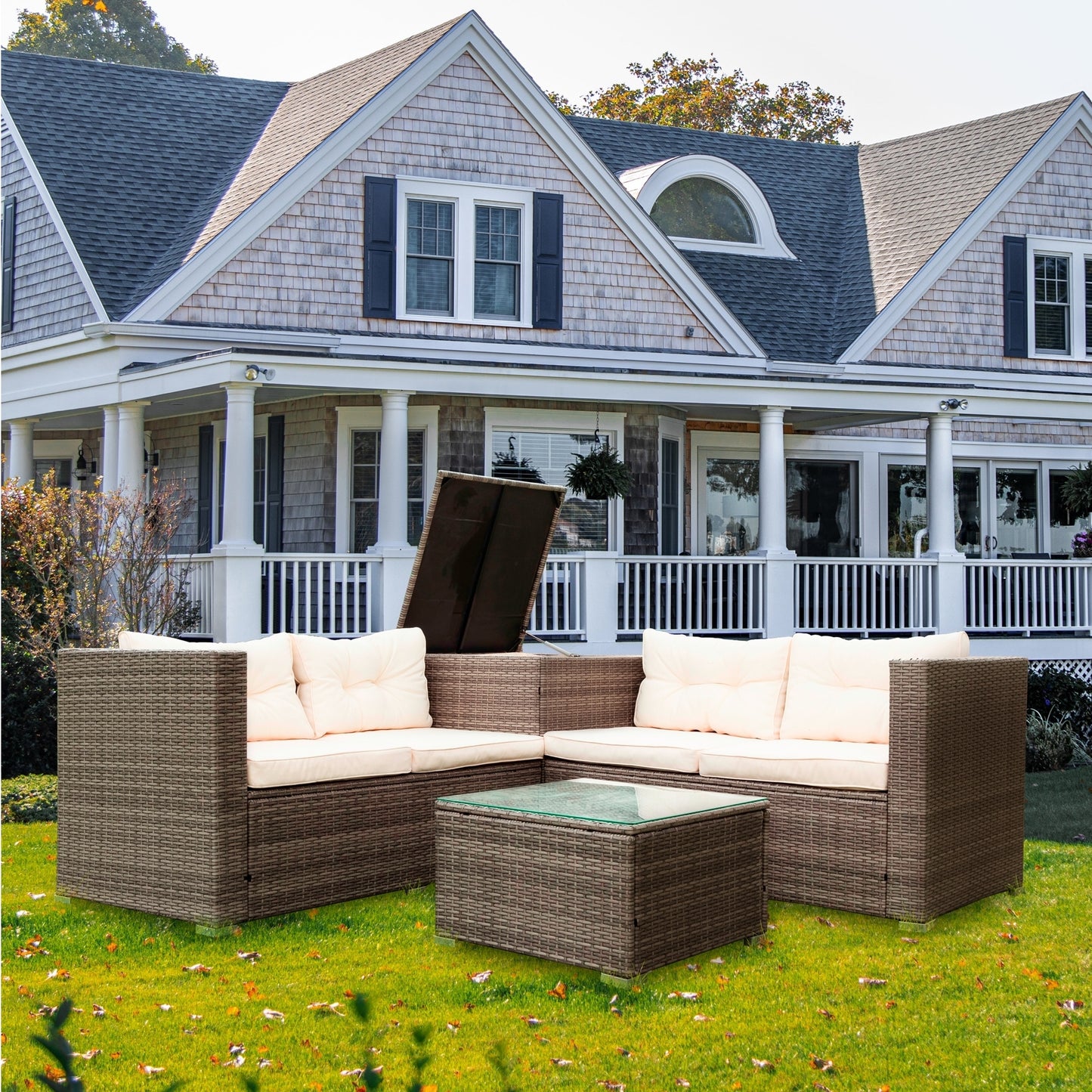 Stanley 4 Pc Outdoor Patio Rattan Sectional Sofa Set - Creme