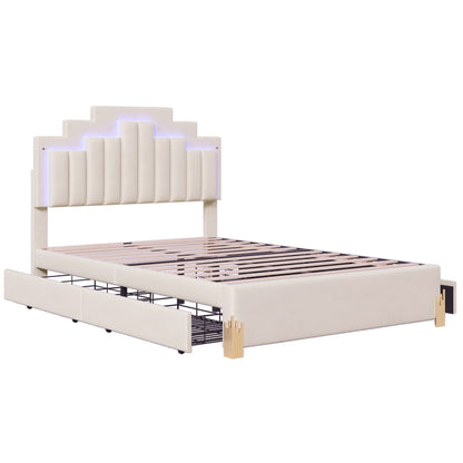 Neco Full Size Platform Bed with LED and 4 Drawers - Beige