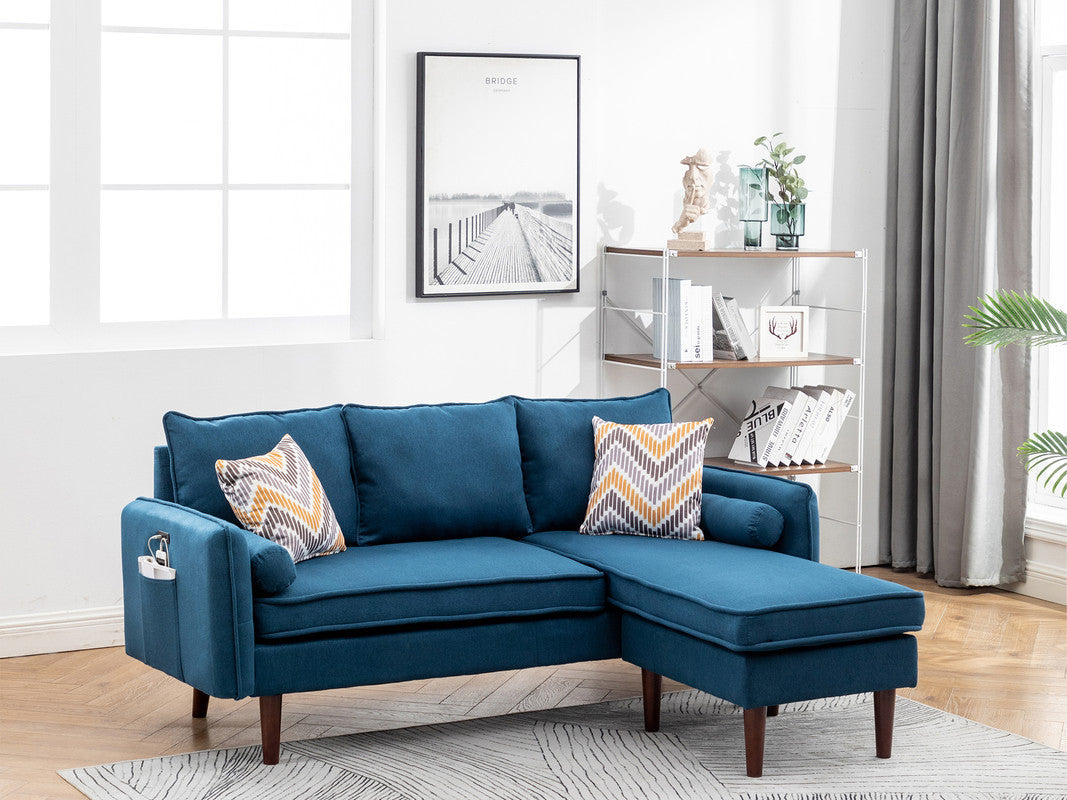 Mia Sectional Sofa Chaise with USB Charger & Pillows - Blue