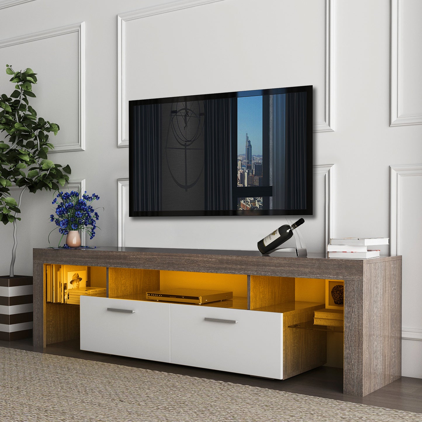 Nova 65 inches TV Stand with LED Lights - Brown+White