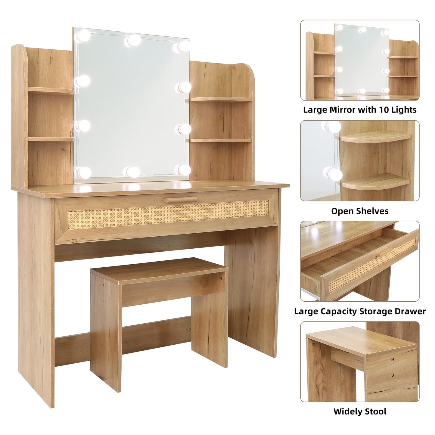 Brooks Vanity Desk Set With LED Lighting Mirror - Natural