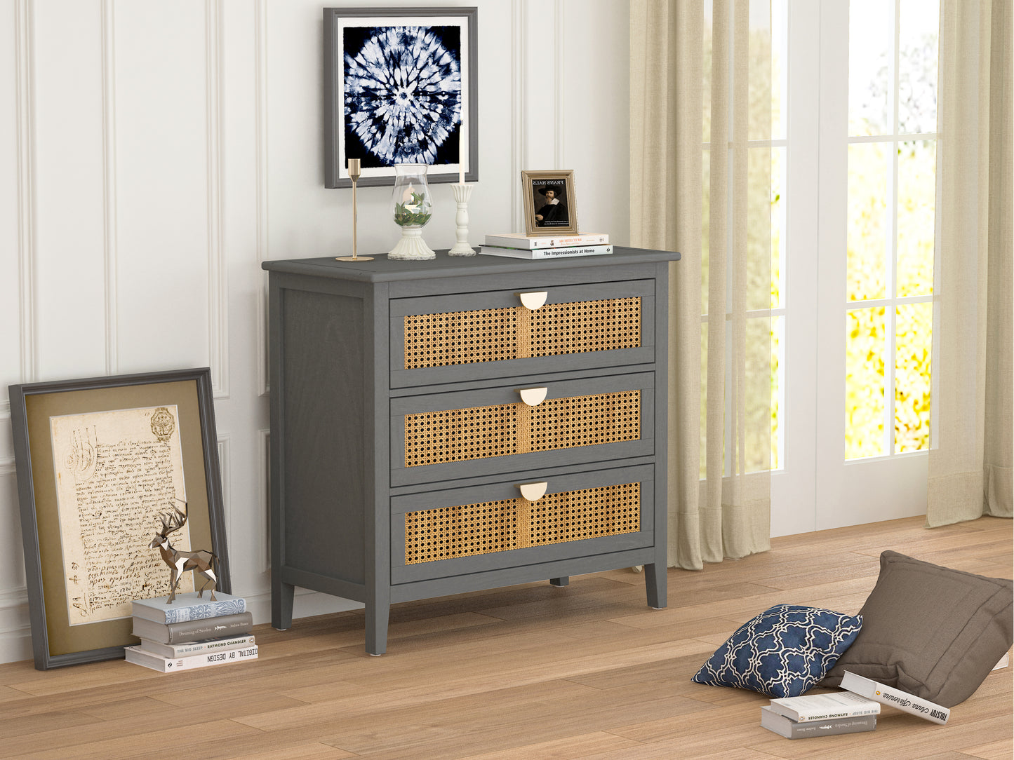 Valerie Natural Rattan 3 Drawer Cabinet - Gray