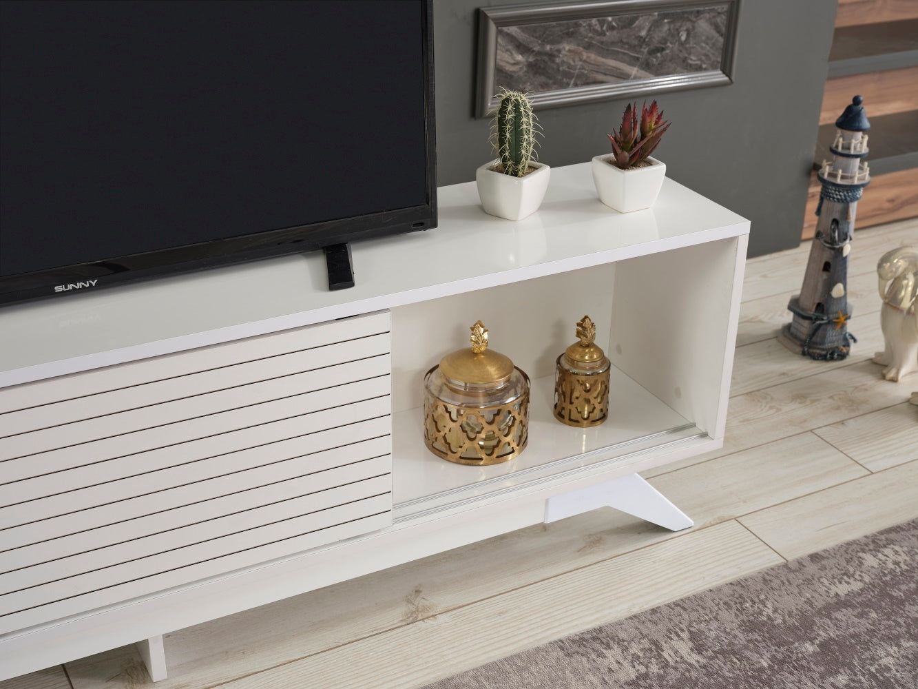 Luxia Mid Century Modern TV Stand 2 Sliding Door- White