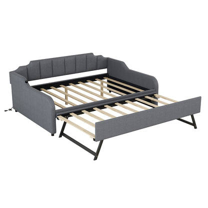 Clair Full Size Daybed with Trundle and USB Chargings - Gray