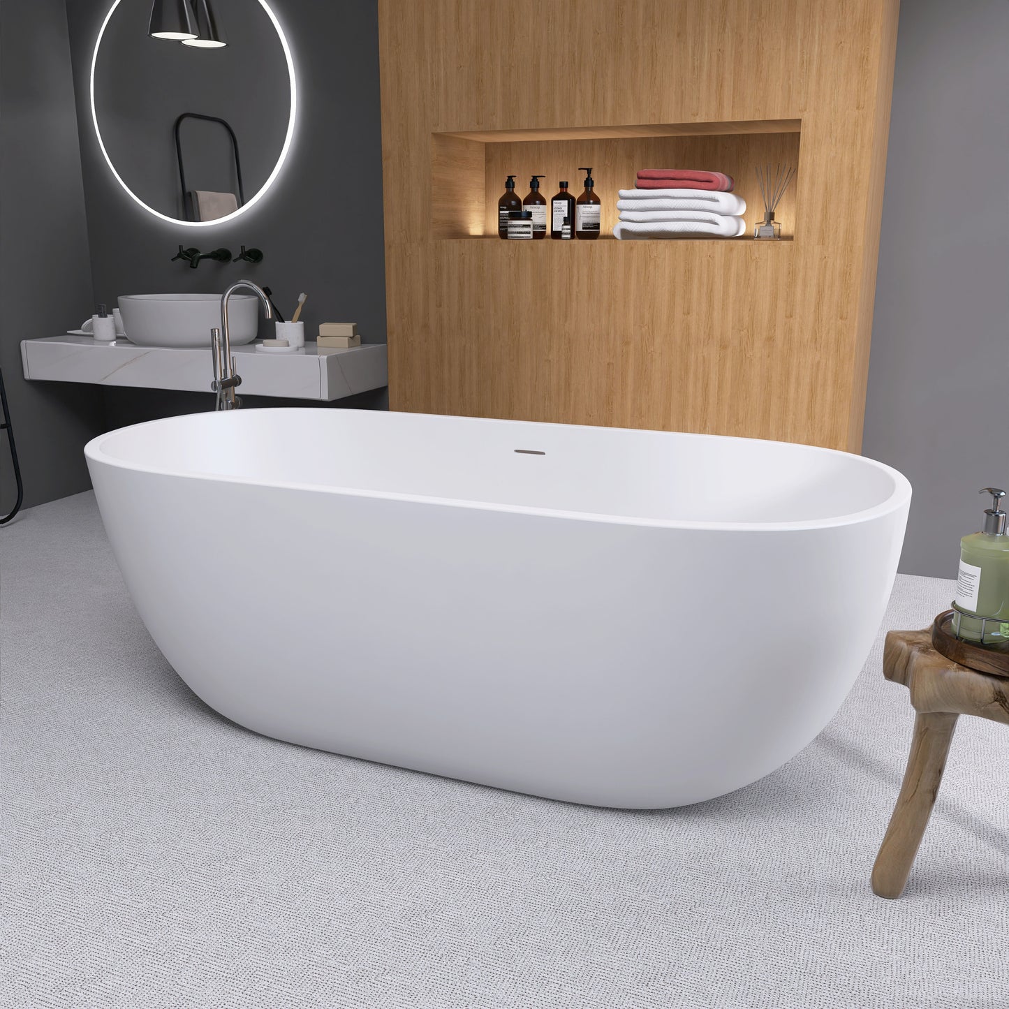 Hana 65" Oval Shape  Acrylic Freestanding  Soaking Bathtub - Matte White