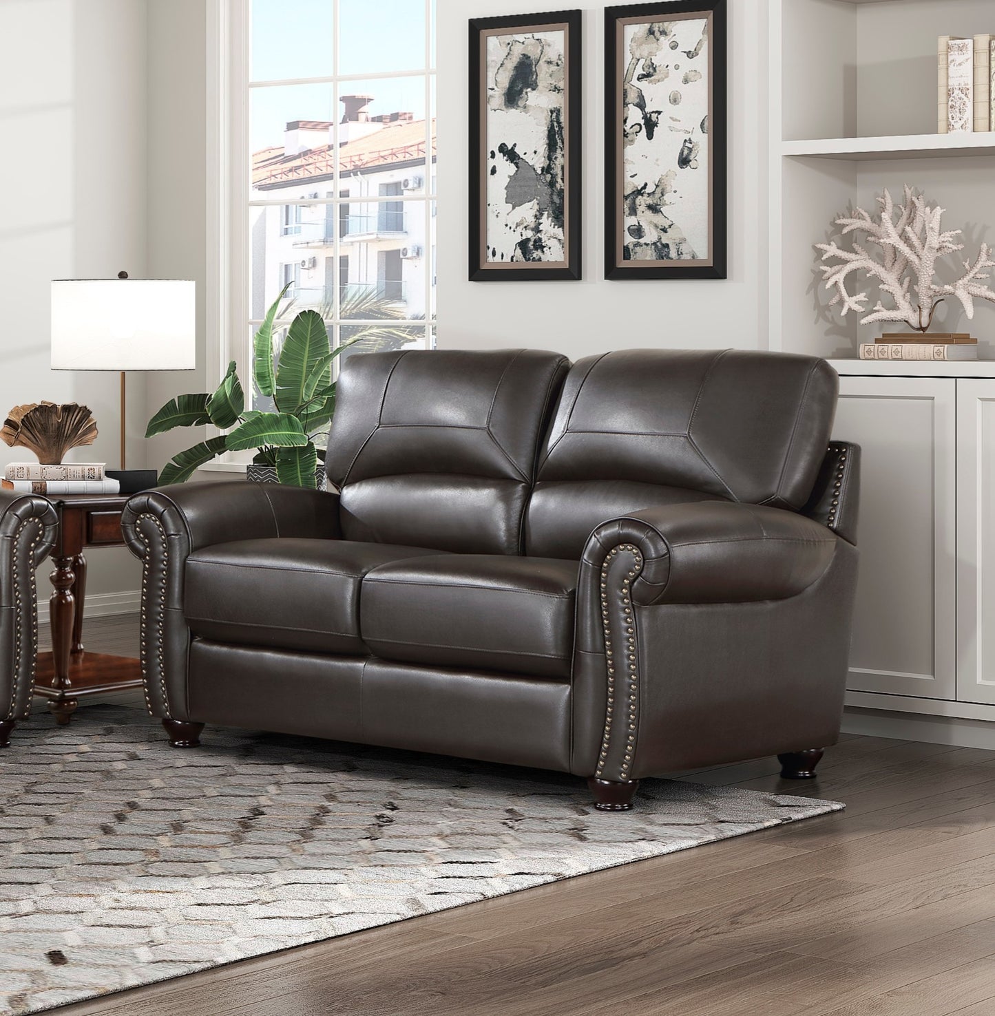 Mata Leather Loveseat Rolled Arms Nailhead Trim - Dark Brown