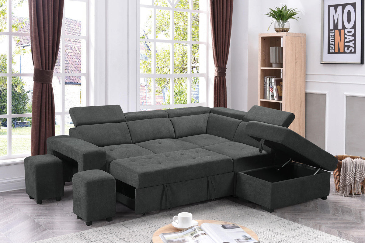 Henrik Sleeper Sectional Sofa with Storage Ottoman and 2 Stools - Dark Gray